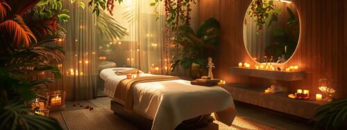 a luxurious, dimly-lit spa room featuring a plush massage table adorned with soft linens, ambient candles casting a warm glow, and decorative elements that evoke an intimate and relaxing atmosphere.