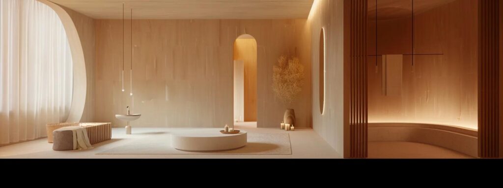 an elegantly designed modern massage studio, featuring soft ambient lighting and minimalist decor, where a serene atmosphere invites clients to experience a harmonious blend of therapeutic touch and sensual relaxation.