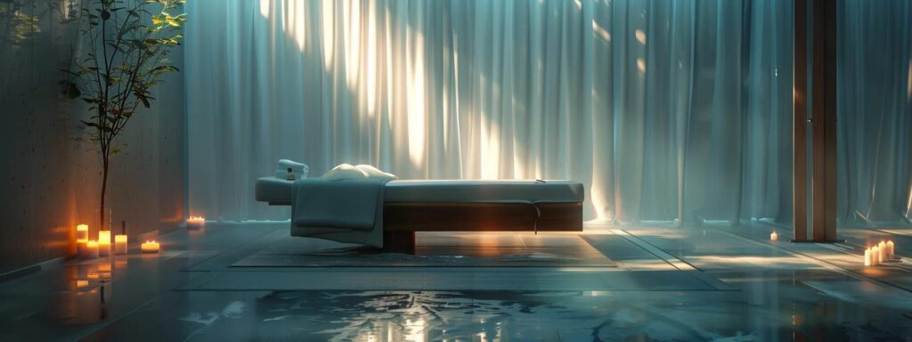 an elegantly lit modern spa room showcases a serene atmosphere, featuring a sleek massage table surrounded by softly glowing candles and luxurious silk sheets, emphasizing the intimate and fluid nature of a nuru massage experience.