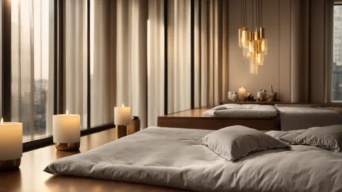 an inviting, tranquil spa environment in manhattan, featuring a softly lit room adorned with plush textiles and soothing candles, exuding an aura of ultimate relaxation and comfort.